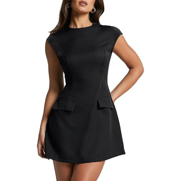 Women's Mini Dress Black Polyester Spandex Zipper Mock Neck A-Line Short